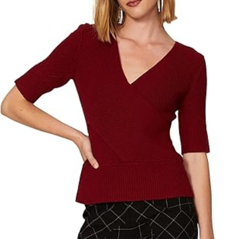 TOME Cris Cross Over  Front Short Sleeve Open Back Wool Blend Sweater Top Shirt